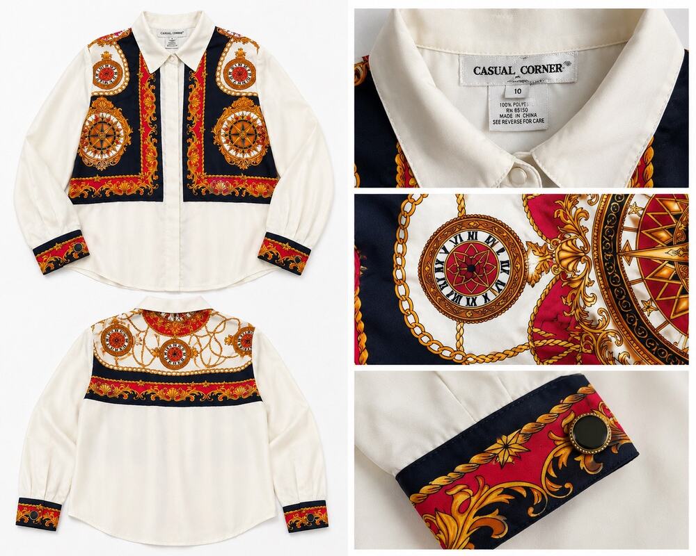 Vintage Casual Corner Baroque Scarf Print Blouse White Gold Navy Size 10